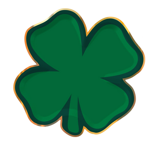 A vibrant green Die-Cut Shenanigans Plate from Sophistiplate with a glossy effect and golden outline, symbolizing luck and the celebration of the holiday event, St. Patrick's Day.