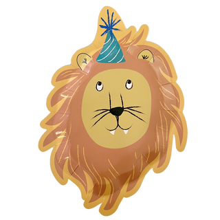 A cartoon lion with a friendly face wearing a blue and white striped party hat, set against a black background with white horizontal lines, perfect for Sophistiplate's Die-Cut Party Animal Salad Plate in your party supplies collection.