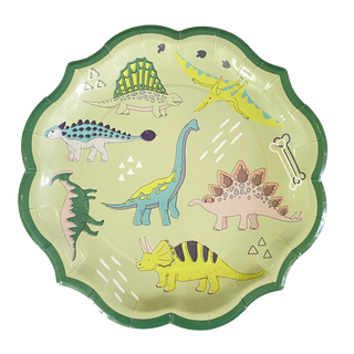 A colorful children's PARTY ANIMAL DINNER PLATE with a dinosaur theme, featuring illustrations of various dinosaurs like stegosaurus and brachiosaurus, along with a playful bone and paw print design on a green scal
