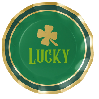 A vibrant green and gold Shenanigans Dinner Plate by Sophistiplate with a four-leaf clover and the word "lucky" embossed in a bold font at the center, possibly symbolizing good fortune or used as