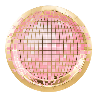 Gold foil Disco Ball Paper Plate with a grid pattern, isolated on a black background by My Mind’s Eye.