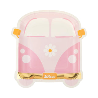 A pink, bus-shaped paper plate with a classic design, white flower decoration on the front, and the words "Disco Daisy Van Shaped Paper Plate" displayed on the bumper by My Mind's Eye.