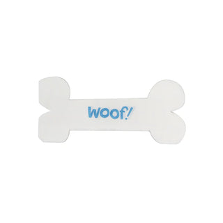 White, bone-shaped napkins with the word "woof!" written in blue by Merrilulu, perfect for a puppy lover's birthday parties.