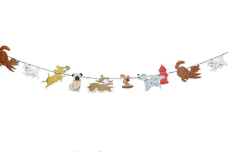 The Good Dog Party Garland by Merrilulu features a string of illustrated dog cutouts and a fire hydrant, showcasing various playful poses and dog breeds—perfect for a dog-themed party.