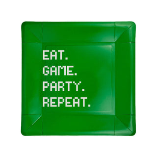 A green Eat Game Party Square Paper Plate from My Mind’s Eye with the text "EAT. GAME. PARTY. REPEAT." in white pixelated font, perfect for a gamer party.