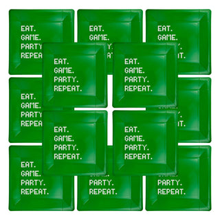 A grid of green Eat Game Party Square Paper Plates from My Mind’s Eye with the repetitive text "EAT. GAME. PARTY. REPEAT." written on them in white, arranged in a three-by-four pattern, perfect for a gamer party.