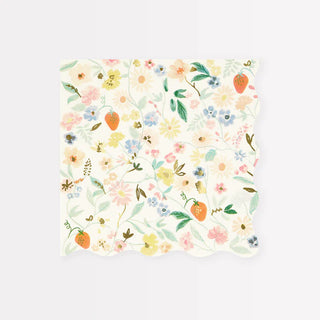 Elegant Floral Large NapkinsThe elegant combination of watercolor flowers, strawberries and on-trend bows, in dreamy pastel colors, on these large napkins is perfect for garden parties, bridal Meri Meri