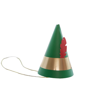 The Elf Party Hats from Bonjour Fête are green, cone-shaped hats with gold bands and red feathers, attached to strings—perfect for any Christmas party or as part of your collection.