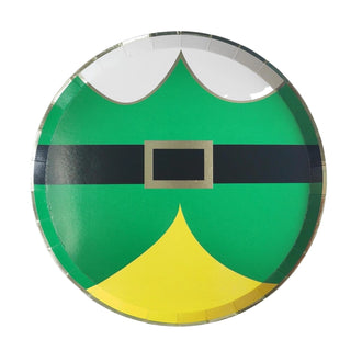 The Elf Small Plates by Bonjour Fête are round paper plates with a festive elf theme resembling an elf costume, featuring green and yellow colors, a black belt, and a white collar—perfect for Christmas parties and made from eco-conscious materials.