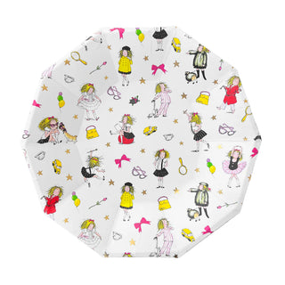 The Eloise Large Plates by Daydream Society are octagonal and inspired by Eloise books, featuring colorful illustrations of children engaged in various activities with vibrant accessories like balloons, bags, and crowns scattered throughout.