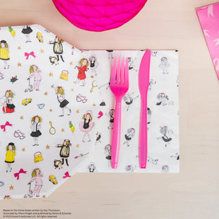 A pink plastic fork and knife are placed on white napkins adorned with cartoon characters, reminiscent of the whimsical illustrations from the Eloise books, set on a table featuring Daydream Society's Eloise Large Plates.