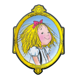 Illustration of a girl with yellow hair wearing a white dress and a pink bow, framed inside an ornate, yellow oval frame, adding quirky charm to any décor with the Eloise Serving Platters from Daydream Society.