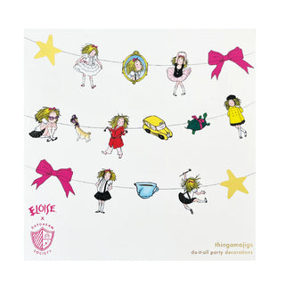 The Eloise Thingamajigs Banner by Daydream Society features a charming array of colorful illustrations, including girls, a dog, a teacup, a car, bows, and stars strung on lines. These whimsical decorations are perfect for any party.