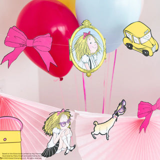 Bright and festive Eloise Banner from Daydream Society featuring charming cartoon characters, vibrant bows, and a cheerful yellow bus, complemented by vivid red and yellow balloons in the background. The perfect decoration for fans of the Eloise collection!