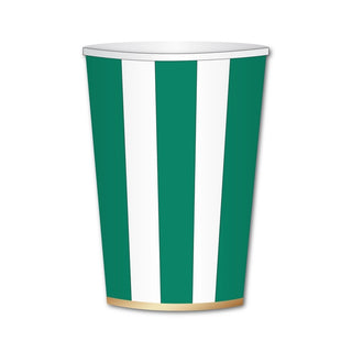 Introducing our Bonjour Fête Emerald Green Cabana Stripe Cups, perfect for golfers and pickleball enthusiasts alike. These disposable paper cups feature alternating vertical green and white stripes with a touch of elegance added by the gold rim at the bottom.