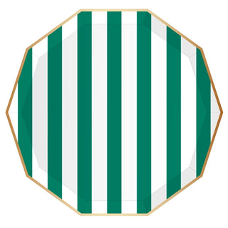An illustration of a faceted gemstone with emerald green and white vertical stripes, depicted with geometric precision, suggesting a stylized or abstract design of Emerald Green Signature Cabana Stripe Plates by Bonjour Fête.