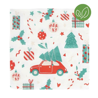 These Christmas Napkins by My Little Day showcase a festive pattern with a red car transporting a tree, gifts, holly, and ornaments. They also feature a green eco-friendly symbol in the corner and are printed using vegetable ink.