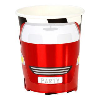 A vibrant disposable party cup with a red car design perfect for kids party cups. The front of the car features "PARTY" as the license plate, making it an ideal addition to your F1 party supplies. These are the F1 Red Race Car Paper Cups from Talking Tables.