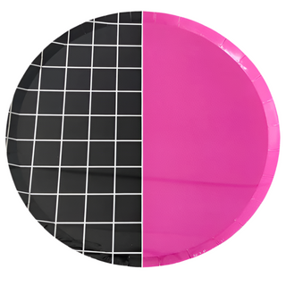 The "Pink Grid Large Paper Plate" by Kailo Chic features a large 9" design artfully divided into two halves: one side displays an elegant black background with a pink grid pattern, while the other side boasts a vibrant solid bright pink, making it perfect for party plates.