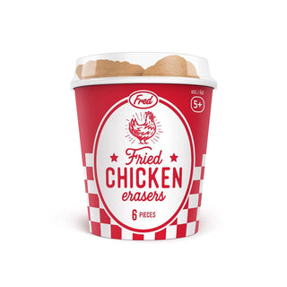 A container with six pieces of "Fried Chicken Erasers" from the brand Fred and Friends, designed to look like chicken wings. Made of BPA-free TPR and suitable for ages 5 and up.