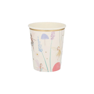 Introducing Meri Meri's Fairy Cups - charming cups adorned with illustrations of fairies, mushrooms, and plants on a pale background, complemented by delicate golden foil stars. Perfect for a fairy party!