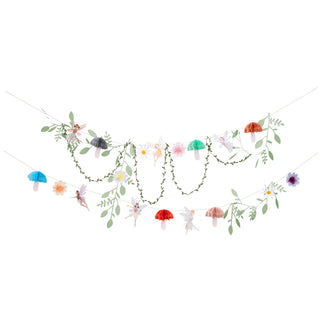 The Fairy Garland by Meri Meri is a decorative piece featuring small paper mushrooms, flowers, and leaves, interspersed with miniature fairy figures.