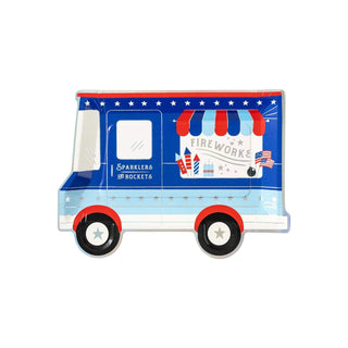 A blue and white Firework Truck Shaped Plate with Fourth of July vibes on a white background by My Mind's Eye.