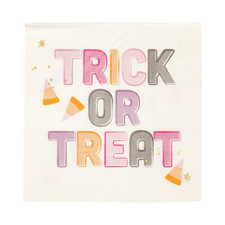 The Trick or Treat Cocktail Napkin by My Mind’s Eye features a white background with the words "Trick or Treat" printed in colorful letters, accompanied by images of candy corn and stars—ideal as foil cocktail napkins for any festive gathering.