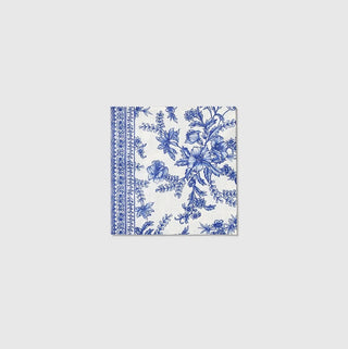 A blue and white French Toile Cocktail Napkin from Coterie Party Supplies on a recyclable white background.