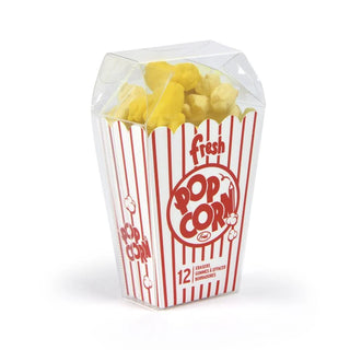 A container of Fresh Popcorn Erasers by Fred and Friends, perfect puffs in a white box with red stripes and a transparent plastic lid.