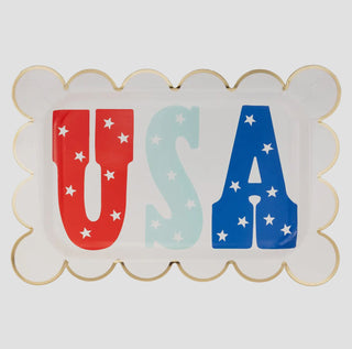 Decorative tray with scalloped edges featuring the letters "USA" in red, white, and blue, adorned with stars - My Mind's Eye USA Scallop Paper Plate.