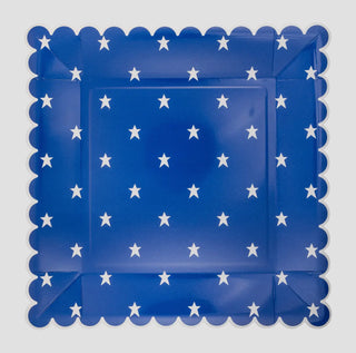 Red and Blue Star paper plates with scalloped edges and white stars pattern isolated on a white background by My Mind's Eye.