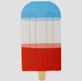Illustration of a My Mind’s Eye Red White Blue Ice Pop Shaped Paper Guest Napkin embedded in an ice pop with blue, white, and red layers on a plain background.