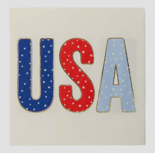 Decorative letters spelling "USA" with each letter featuring a patriotic design—blue with white stars, red with white stars, and white with blue stars on a light background, perfect for accenting My Mind’s Eye Foil USA Paper Cocktail Napkin.