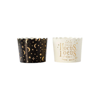Two Gold Foil Hocus Pocus Food Cups decorated with stars and moons by My Mind's Eye.