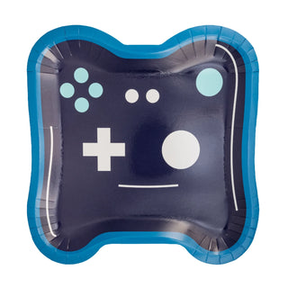 Square Game Controller Paper Plate by My Mind’s Eye with a blue border and a design resembling a video game controller, featuring various geometric shapes, perfect for gamer gatherings and themed events.