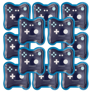 A grid of twelve My Mind’s Eye Game Controller Paper Plates with black designs and blue edges, featuring patterns resembling d-pads and buttons, set against a white background—perfect for themed events or gamer gatherings.
