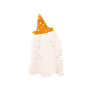 Illustration of a smiling ghost wearing an orange witch hat with white stars, perfect for adding some spooky charm to your Halloween party décor. Check out the "Ghost With Party Hat Shaped Napkin" by My Mind’s Eye!