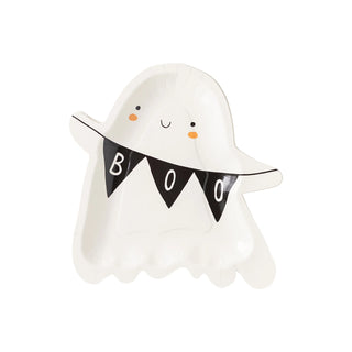 Ideal for your Halloween party, the Ghost With Boo Banner Plate by My Mind's Eye features a smiling face, orange cheeks, and a "BOO" banner across the front.