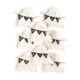 - The Ghost With Boo Banner Plate, a set of nine small, white ghost-shaped paper plates featuring smiling faces and "BOO" on black banners from My Mind’s Eye, is perfect for a fun Halloween party.