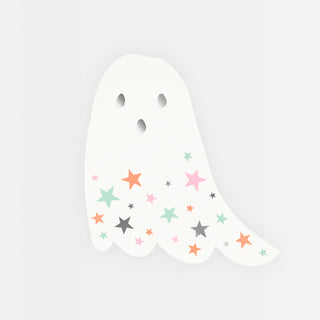 Illustration of the "Ghost With Stars" napkin by Meri Meri, featuring a white ghost with pastel and neon stars scattered on its body, set against a plain background.