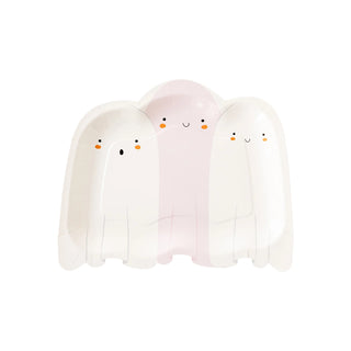 Three adorable Trio Ghost Shaped Plates from My Mind’s Eye, featuring two white ghosts and one pink ghost with cute faces and blushing cheeks, perfectly arranged next to each other for a delightful Halloween party.