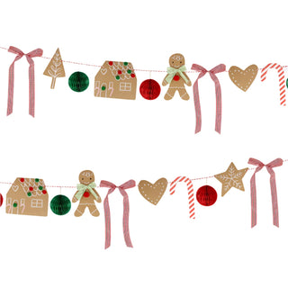 The Gingerbread Garland by Meri Meri is a delightful holiday decoration, showcasing cardboard gingerbread men, houses, trees, hearts, and stars. It is elegantly adorned with red and green ornaments and complemented by red-and-white checkered ribbons on a string.