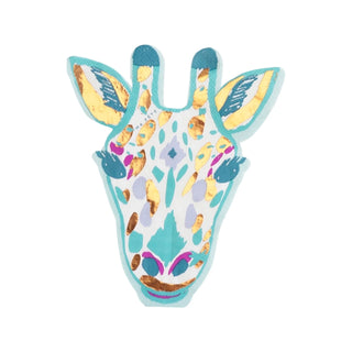 Bright, flat-styled illustration of a giraffe head in teal, gold, pink, and white on a white background—perfect for safari or kids’ parties. Giraffe Napkins by Ma Fête.