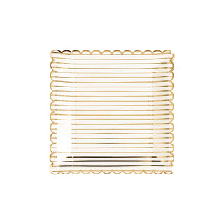 The Golden Holiday Gold Stripes Plates by My Mind’s Eye feature gold metallic stripes and scalloped edges—an elegant choice for Christmas party plates.
