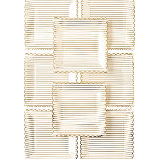 Nine Golden Holiday Gold Stripes Plates by My Mind’s Eye, featuring white backgrounds with gold scalloped edges and foil accents, are arranged in a rectangular grid on a white background.