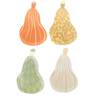 Brighten up your Thanksgiving gathering or complement your unique die-cut designs with Jollity & Co's Gourd Dessert Plates, featuring four stylized illustrations of pears in various colors: orange with stripes, yellow with dots, green with black lines, and white with peach stripes.