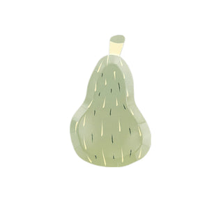 A whimsical light green pear illustration, featuring short strokes for a textured look and a short stem, set against a plain white background, is ideal for decorating Jollity & Co's Gourd Dessert Plates at your Thanksgiving celebration.