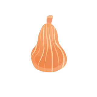 Illustration of a pear-shaped object in orange color with vertical pale stripes against a white background, resembling the unique die-cut designs found on Jollity & Co's Gourd Dessert Plates, perfect for a Thanksgiving gathering.