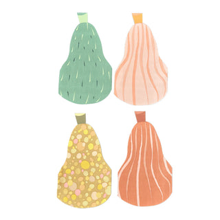 Illustration of four whimsical pears, each uniquely decorated—green with dots, pink with stripes, yellow with circles, and orange with lines—set against a charming Thanksgiving table setting featuring "Gourd Large Napkins" by Jollity & Co.